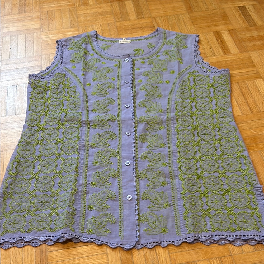 Embroidered Sleeveless Top - Purple and Green